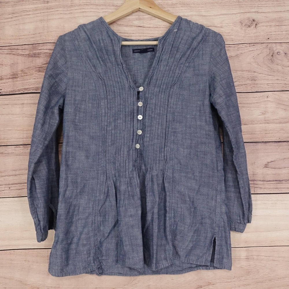 Gap Blouse Womens S Blue Henley Long Sleeve Chambray Tunic Pullover 100% Cotton